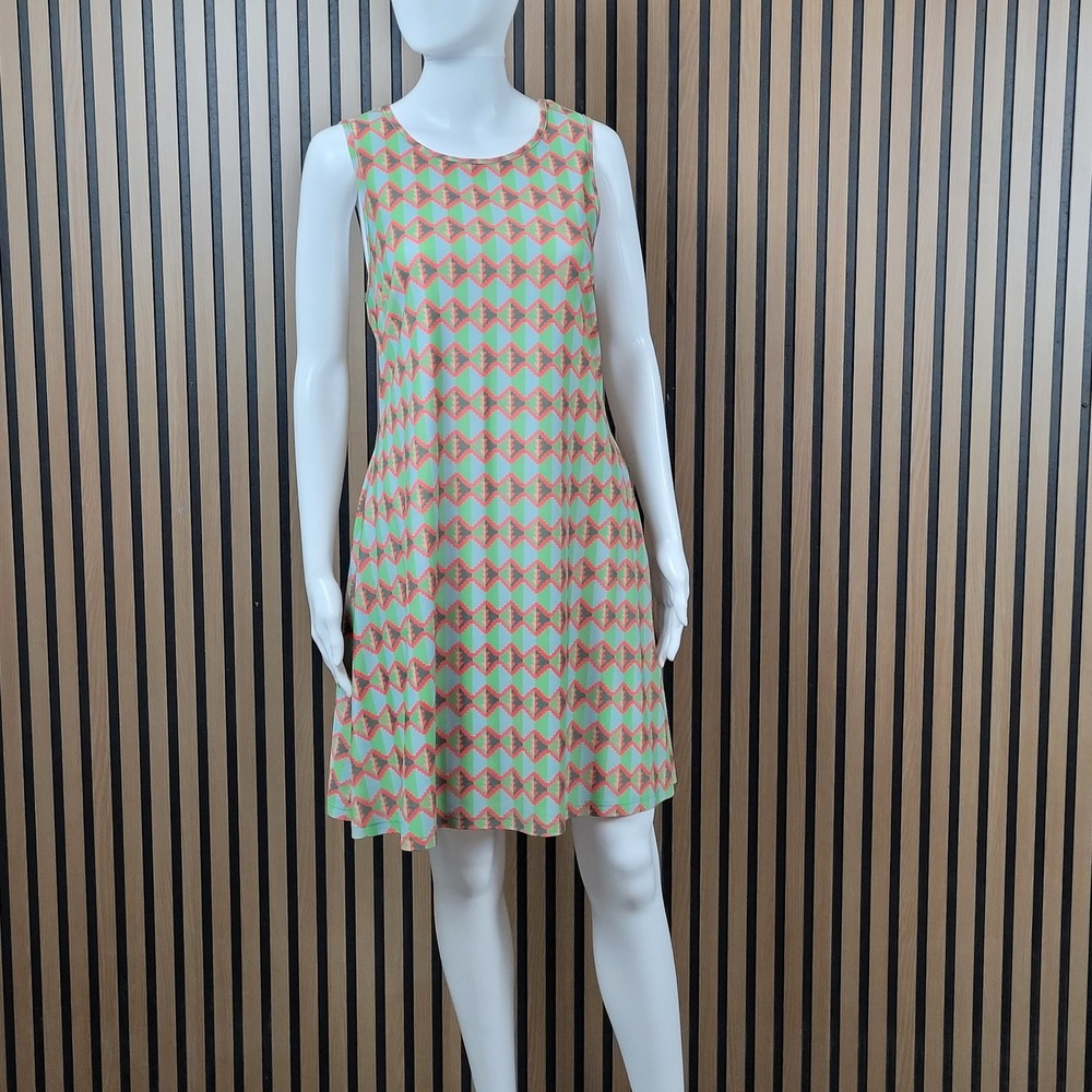 Sky-Eagle Collection A-Line Dress Geometric Print Green Orange with Pockets XL